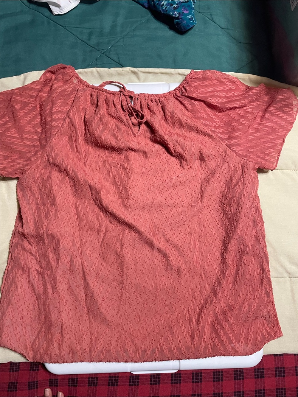 LC Lauren Conrad Coral Textured Tie-Neck Peasant Blouse